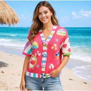 Berek Pink Beach Ball Umbrella Cardigan Sweater Y2K Coastal Women’s Small